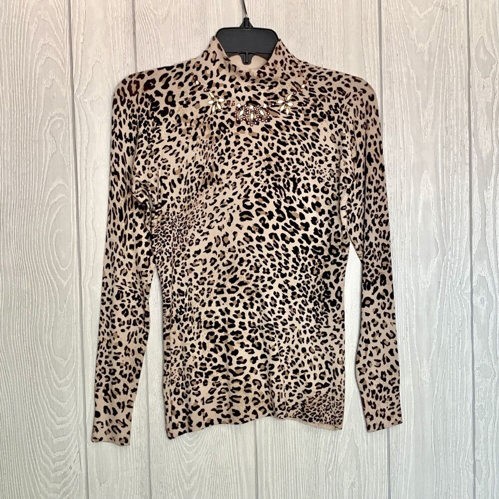 Vertigo Brown Animal Print Embellished Lightweight Sweater Small NWT